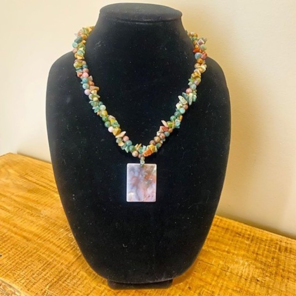 Hand Beaded Multi-Color Stone Pendant Necklace
